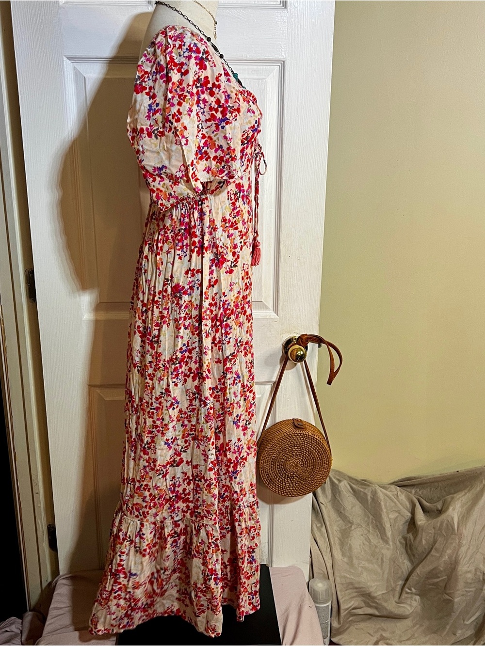LoveStitch Wms Cream Red Floral Pleated Smocked Cottagecore Maxi Dress S/M - Picture 4 of 11